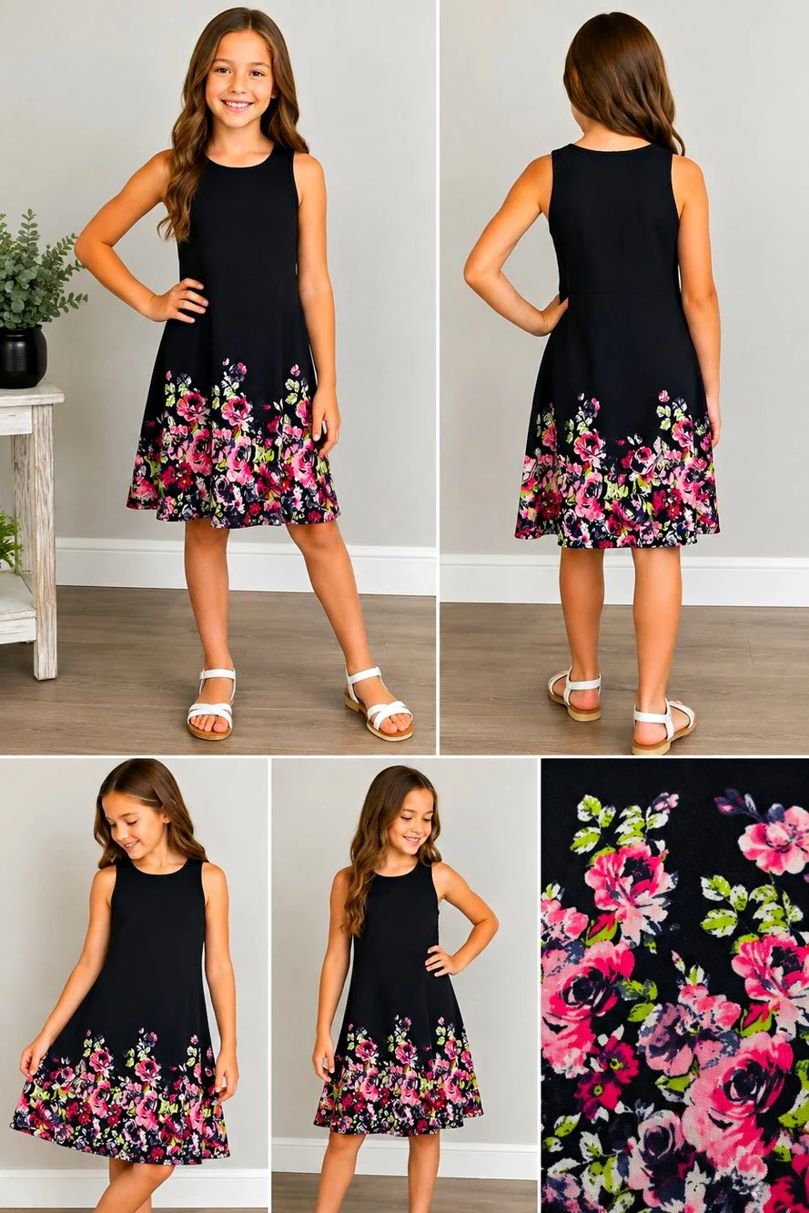 Pink & Violet Girls Dress Size L 10/12 Black Floral Sleeveless A-Line